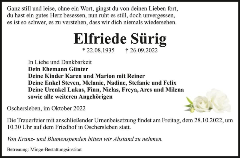  Traueranzeige für Elfriede Sürig  vom 14.10.2022 aus Magdeburger Volksstimme