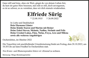 Traueranzeige von Elfriede Sürig  von Magdeburger Volksstimme