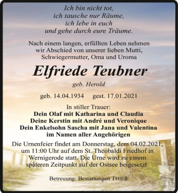 Traueranzeige von Elfriede Teubner (geb. Herold)  von Magdeburger Volksstimme