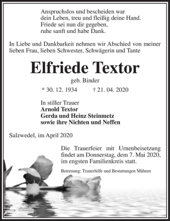 Traueranzeige von Elfriede Textor (geb. Binder)  von Magdeburger Volksstimme