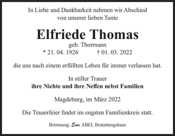 Traueranzeige von Elfriede Thomas (geb. Thormann)  von Magdeburger Volksstimme