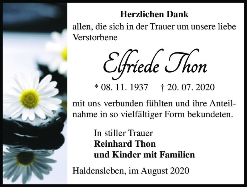  Traueranzeige für Elfriede Thon  vom 08.08.2020 aus Magdeburger Volksstimme