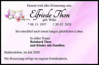 Traueranzeige von Elfriede Thon (geb. Wilke)  von Magdeburger Volksstimme