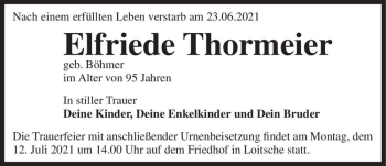 Traueranzeige von Elfriede Thormeier (geb. Böhmer)  von Magdeburger Volksstimme