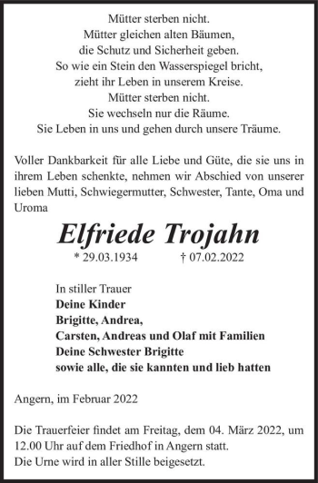 Traueranzeige von Elfriede Trojahn  von Magdeburger Volksstimme