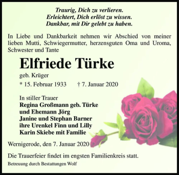 Traueranzeige von Elfriede Türke (geb. Krüger)  von Magdeburger Volksstimme