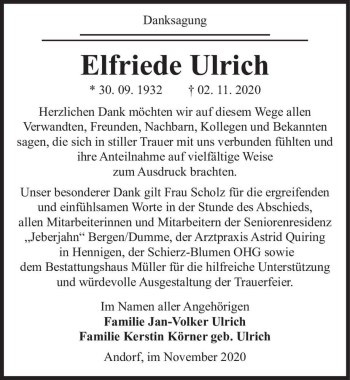 Traueranzeige von Elfriede Ulrich  von Magdeburger Volksstimme