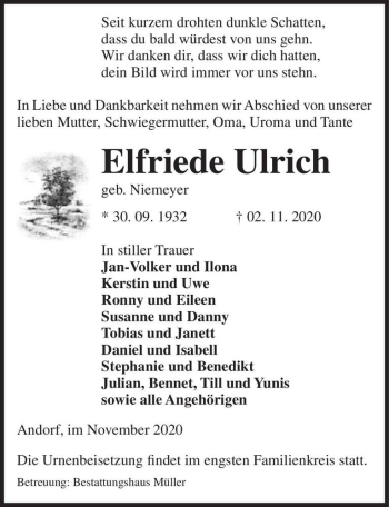 Traueranzeige von Elfriede Ulrich (geb. Niemeyer)  von Magdeburger Volksstimme
