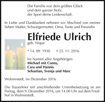 Traueranzeige von Elfriede Ulrich (geb. Nique)  von Magdeburger Volksstimme