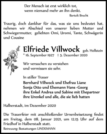 Traueranzeige von Elfriede Villwock (geb. Hollstein)  von Magdeburger Volksstimme