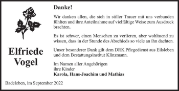 Traueranzeige von Elfriede Vogel  von Magdeburger Volksstimme