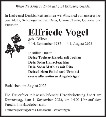 Traueranzeige von Elfriede Vogel (geb. Göllner)  von Magdeburger Volksstimme
