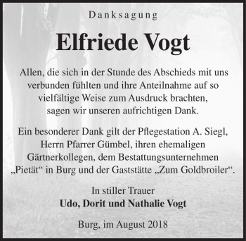 Traueranzeige von Elfriede Vogt  von Magdeburger Volksstimme