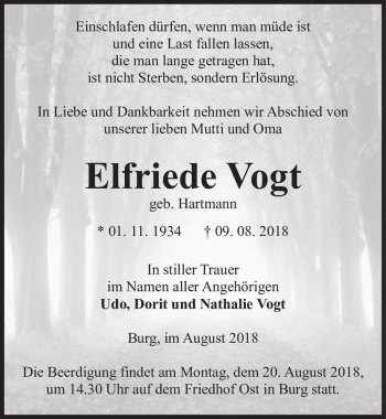 Traueranzeige von Elfriede Vogt (geb. Hartmann)  von Magdeburger Volksstimme