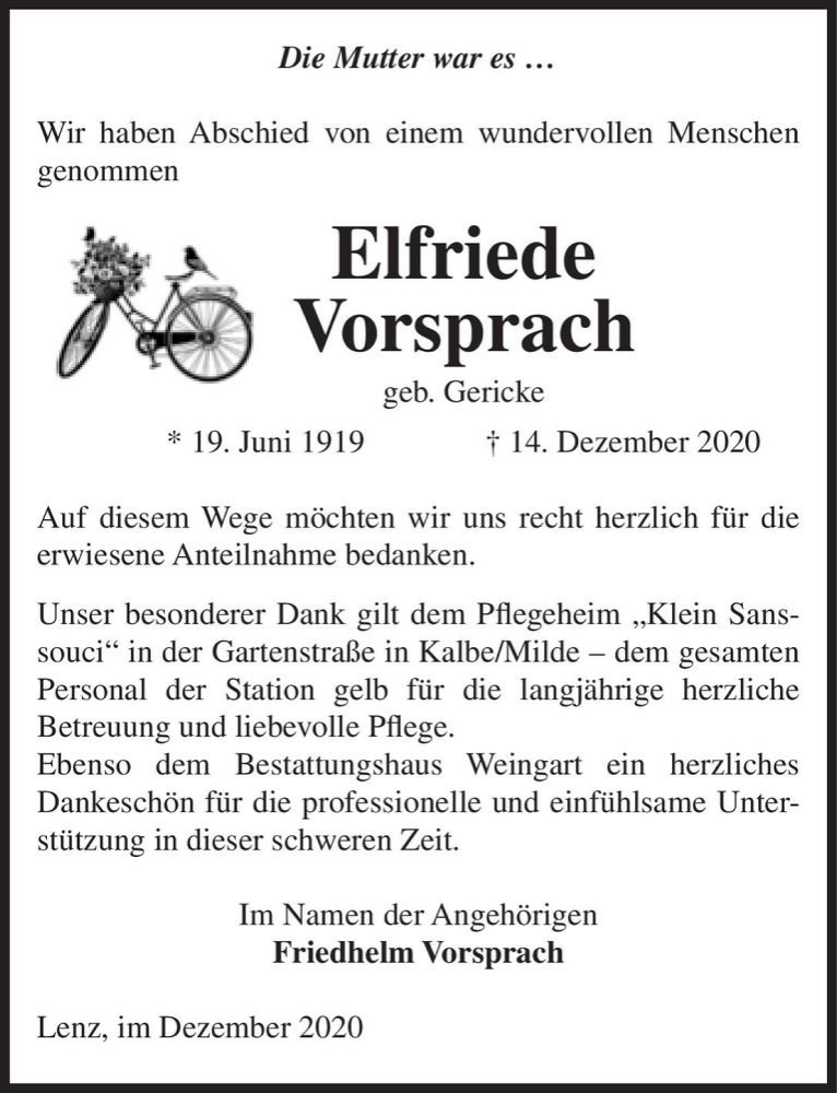  Traueranzeige für Elfriede Vorsprach (geb. Gericke)  vom 12.01.2021 aus Magdeburger Volksstimme