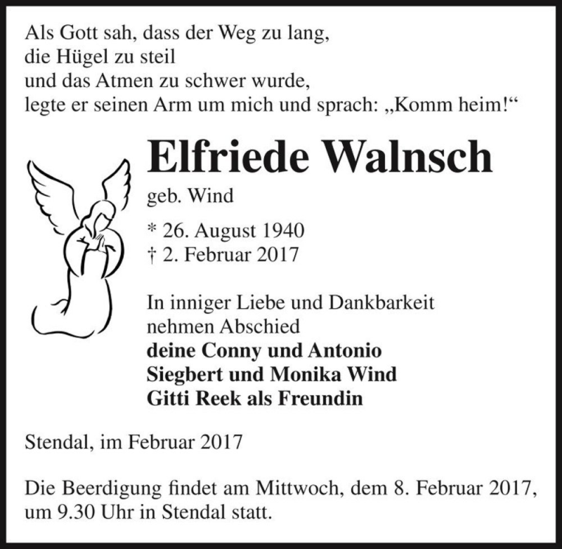  Traueranzeige für Elfriede Walnsch (geb. Wind)  vom 04.02.2017 aus Magdeburger Volksstimme