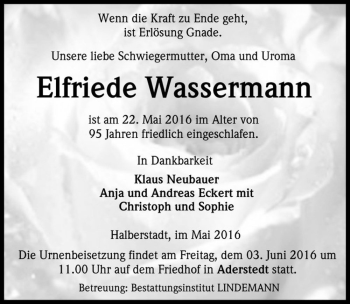 Traueranzeige von Elfriede Wassermann  von Magdeburger Volksstimme