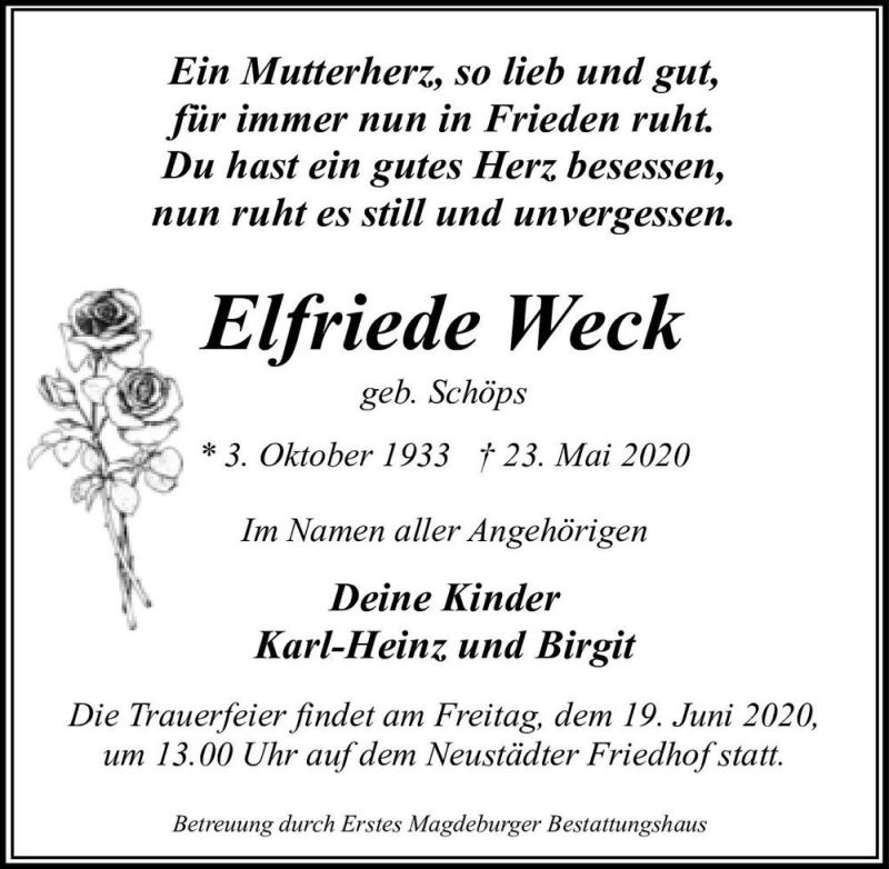  Traueranzeige für Elfriede Weck (geb. Schöps)  vom 30.05.2020 aus Magdeburger Volksstimme