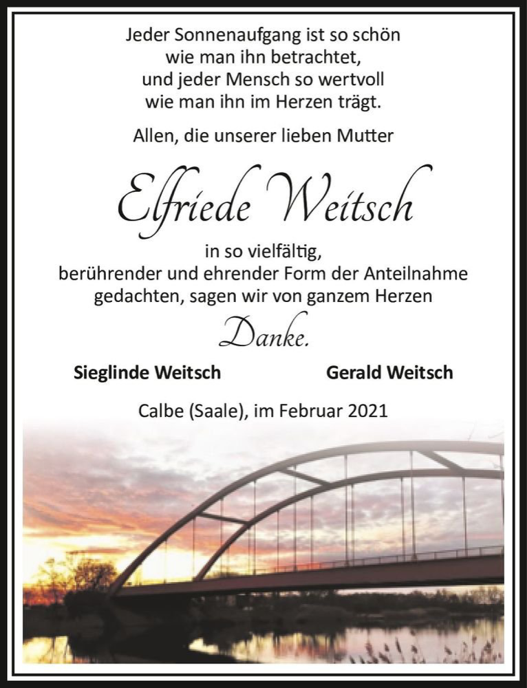  Traueranzeige für Elfriede Weitsch  vom 13.02.2021 aus Magdeburger Volksstimme