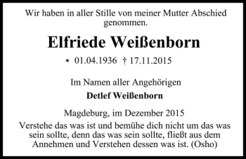 Traueranzeige von Elfriede Weißenborn  von Magdeburger Volksstimme