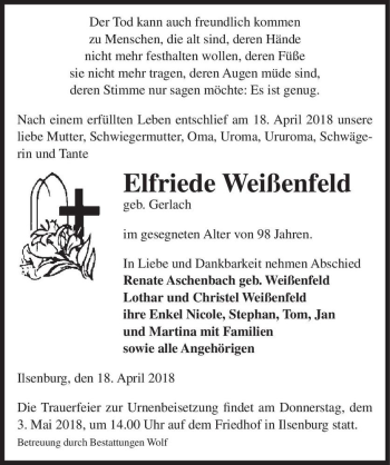 Traueranzeige von Elfriede Weißenfeld (geb. Gerlach)  von Magdeburger Volksstimme