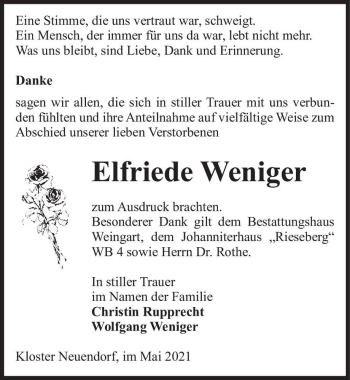 Traueranzeige von Elfriede Weniger  von Magdeburger Volksstimme