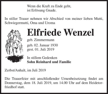 Traueranzeige von Elfriede Wenzel (geb. Zimmermann)  von Magdeburger Volksstimme