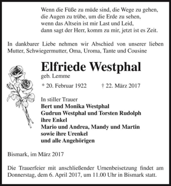 Traueranzeige von Elfriede Westphal (geb. Lemme)  von Magdeburger Volksstimme