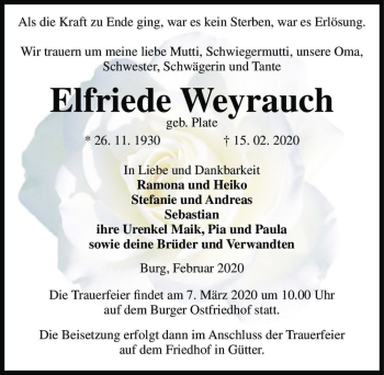 Traueranzeige von Elfriede Weyrauch (geb. Plate)  von Magdeburger Volksstimme