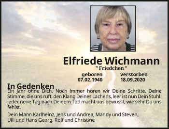 Traueranzeige von Elfriede Wichmann 