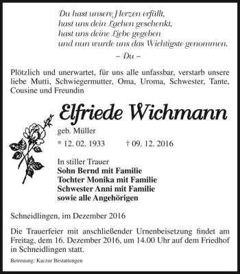Traueranzeige von Elfriede Wichmann (geb. Müller)  von Magdeburger Volksstimme