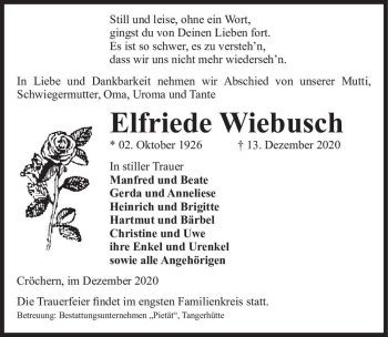 Traueranzeige von Elfriede Wiebusch  von Magdeburger Volksstimme