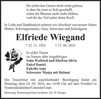 Traueranzeige von Elfriede Wiegand  von Magdeburger Volksstimme