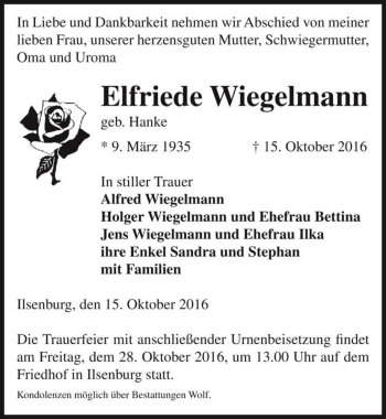 Traueranzeige von Elfriede Wiegelmann (geb. Hanke)  von Magdeburger Volksstimme