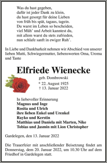 Traueranzeige von Elfriede Wienecke (geb. Dombrowski)  von Magdeburger Volksstimme