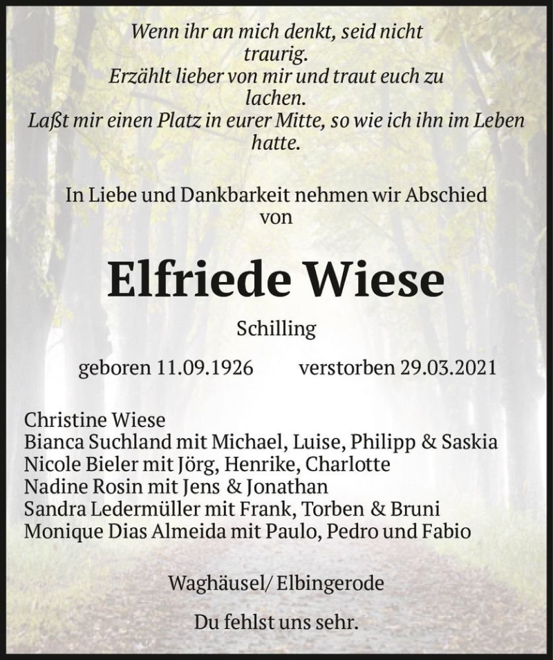  Traueranzeige für Elfriede Wiese (geb. Schilling)  vom 03.04.2021 aus Magdeburger Volksstimme