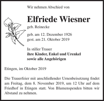 Traueranzeige von Elfriede Wiesner (geb. Reinecke)  von Magdeburger Volksstimme