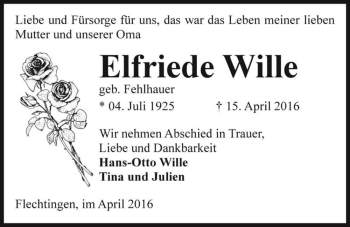 Traueranzeige von Elfriede Wille (geb. Fellhauer)  von Magdeburger Volksstimme