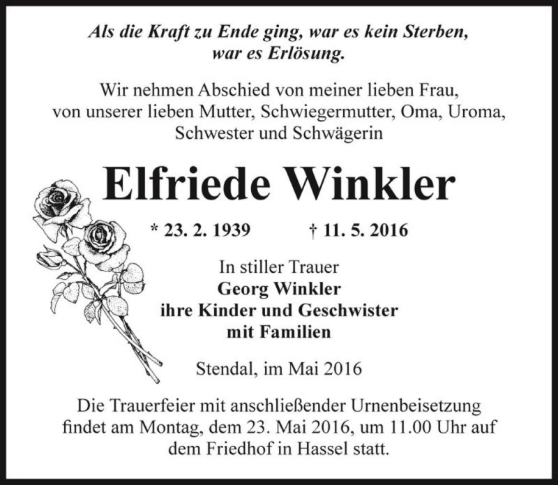  Traueranzeige für Elfriede Winkler  vom 14.05.2016 aus Magdeburger Volksstimme