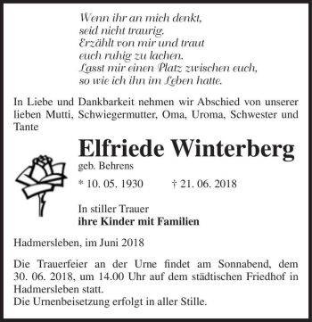 Traueranzeige von Elfriede Winterberg (geb. Behrens)  von Magdeburger Volksstimme