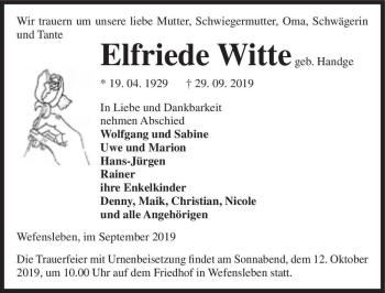 Traueranzeige von Elfriede Witte (geb. Handge)  von Magdeburger Volksstimme