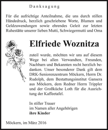 Traueranzeige von Elfriede Woznitza  von Magdeburger Volksstimme