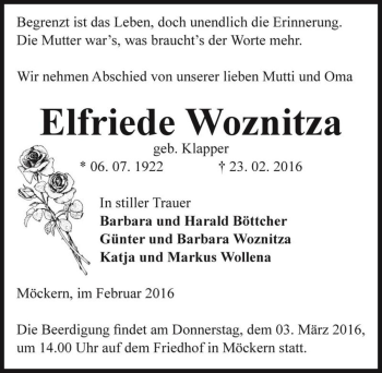 Traueranzeige von Elfriede Woznitza (geb. Klapper)  von Magdeburger Volksstimme