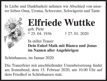 Traueranzeige von Elfriede Wuttke (geb. Piete)  von Magdeburger Volksstimme