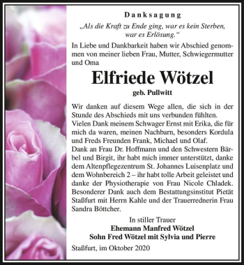 Traueranzeige von Elfriede Wötzel (geb. Pullwitt)  von Magdeburger Volksstimme