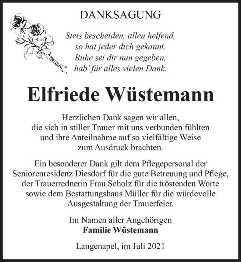  Traueranzeige für Elfriede Wüstemann  vom 09.07.2021 aus Magdeburger Volksstimme