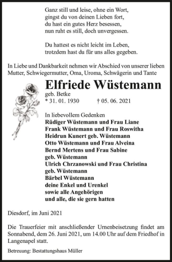 Traueranzeige von Elfriede Wüstemann (geb. Betke)  von Magdeburger Volksstimme