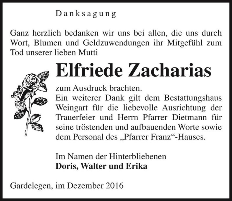  Traueranzeige für Elfriede Zacharias  vom 14.12.2016 aus Magdeburger Volksstimme