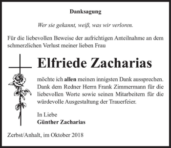 Traueranzeige von Elfriede Zacharias  von Magdeburger Volksstimme