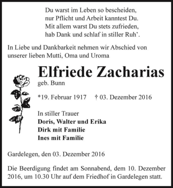 Traueranzeige von Elfriede Zacharias (geb. Bunn)  von Magdeburger Volksstimme